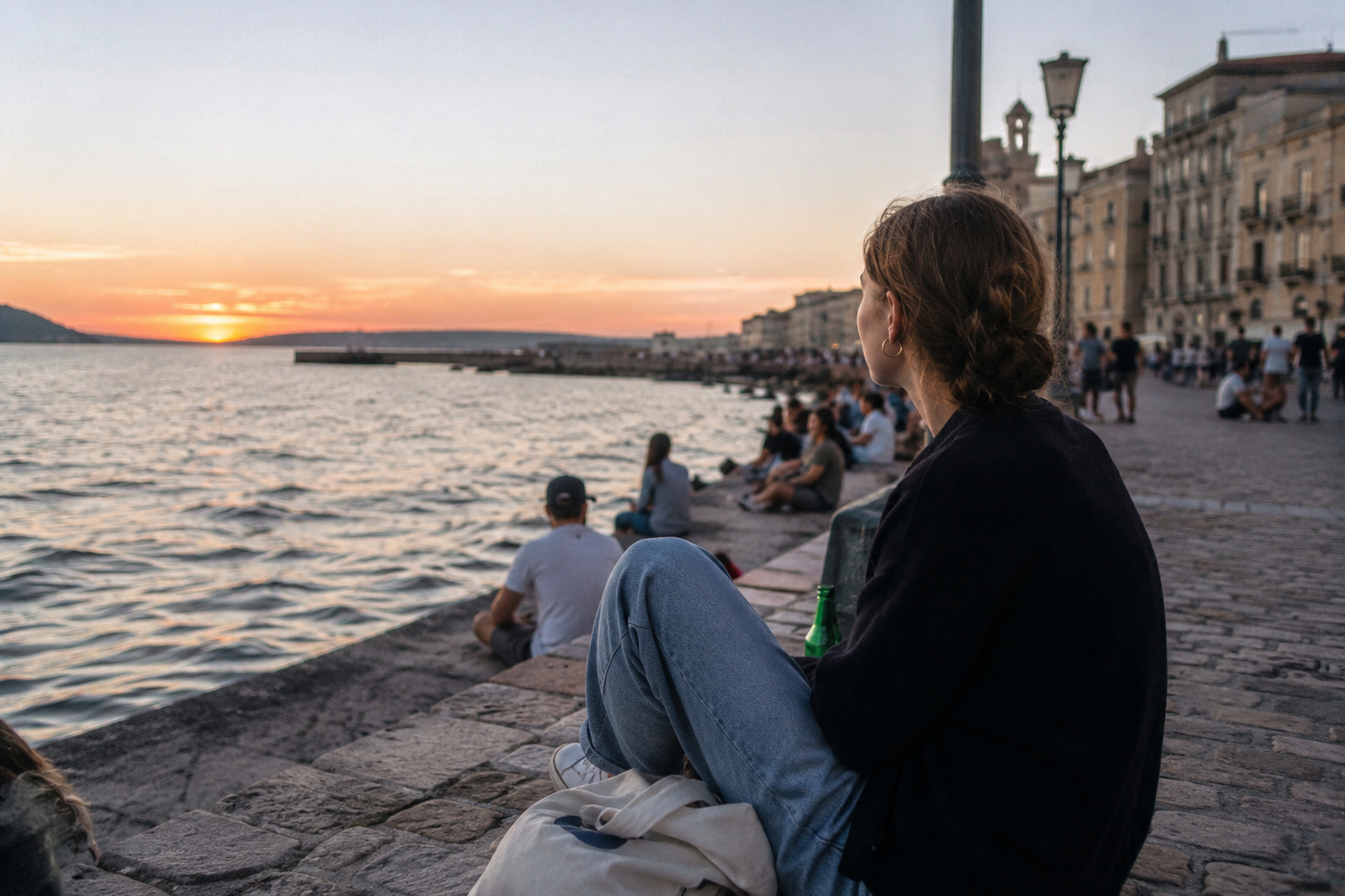 Ragazza sul lungomare al tramonto